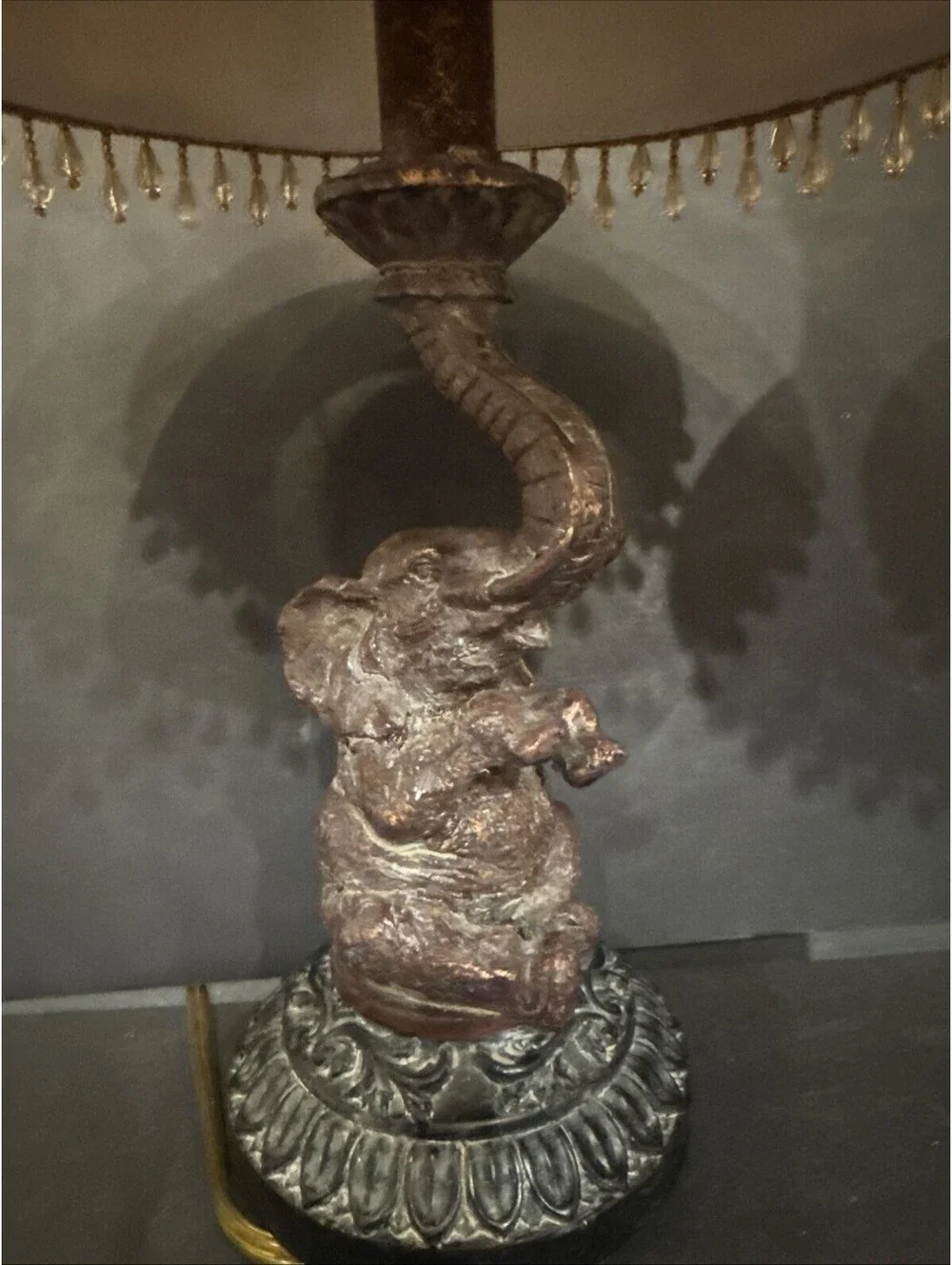 Pair of Elephant Table Lamps with Beaded Chenille Bell Shades Good Luck 17”